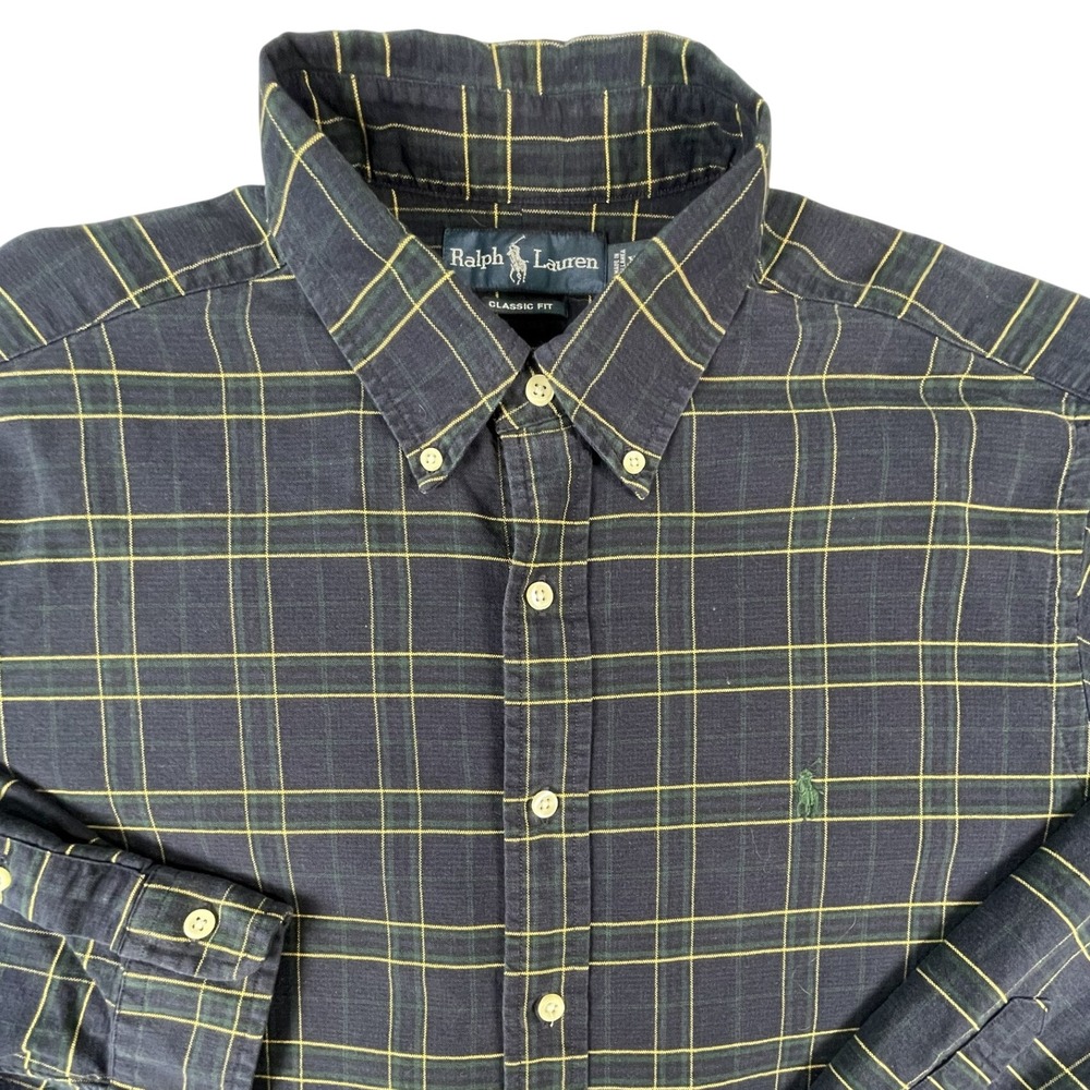 Ralph Lauren Button Down Men XL Navy Green Plaid Classic Fit Cotton Long Sleeve